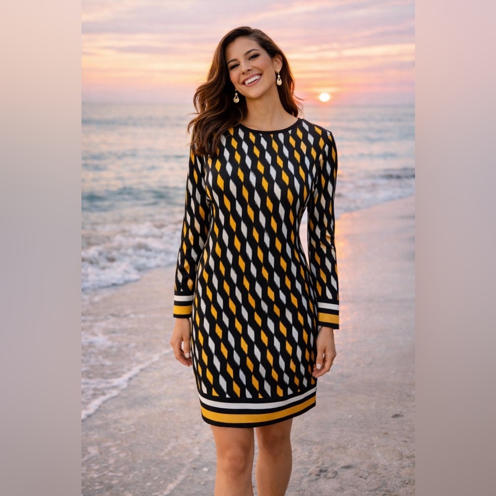 Michael Kors Dress S Small Black Gold Yellow White Long Sleeve Stretch Washable